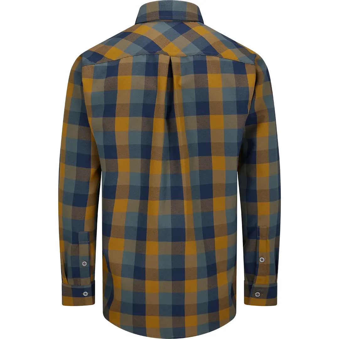 A men's long-sleeve plaid button-up shirt shown from the back, featuring a checkered pattern of navy blue, slate blue, and mustard yellow.
