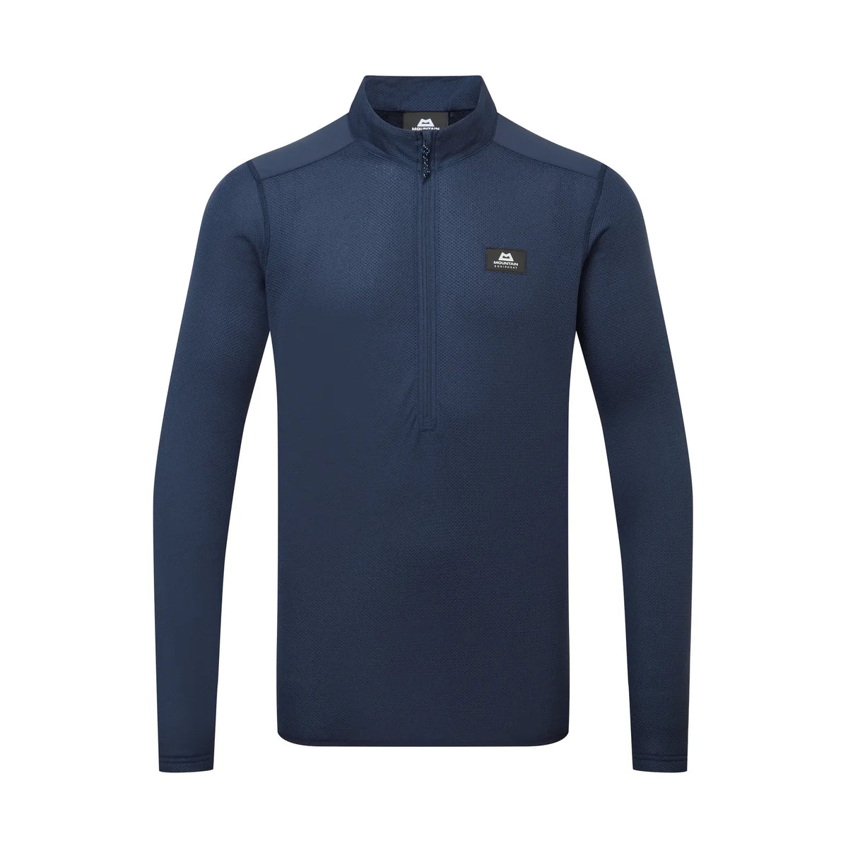 A navy blue long-sleeve quarter-zip pullover with a small rectangular logo patch on the left chest, displayed on a clean white background.