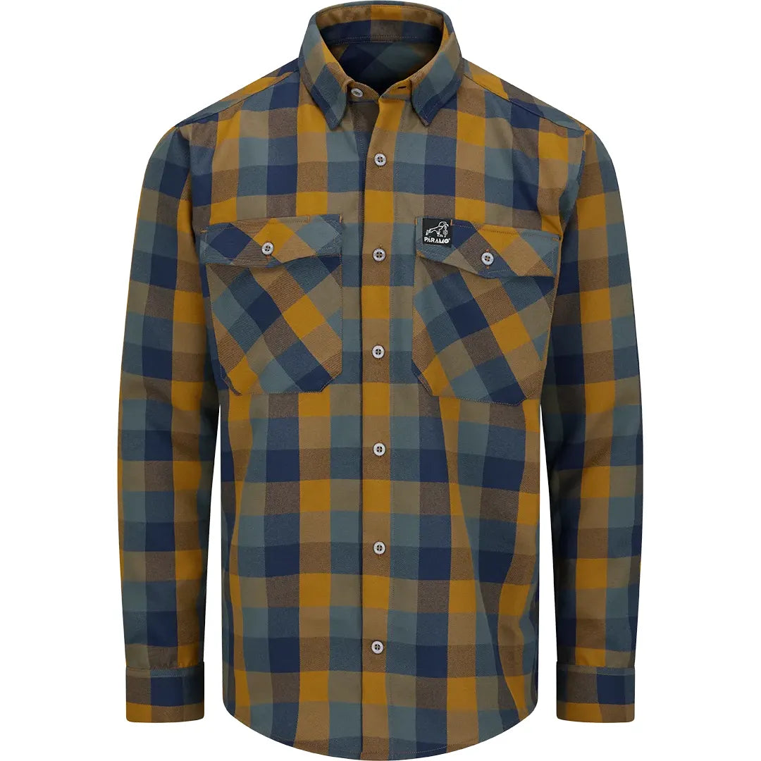 A men's long-sleeve button-up shirt with a blue and mustard yellow plaid pattern, featuring two chest pockets and a small black brand patch on the left chest.
