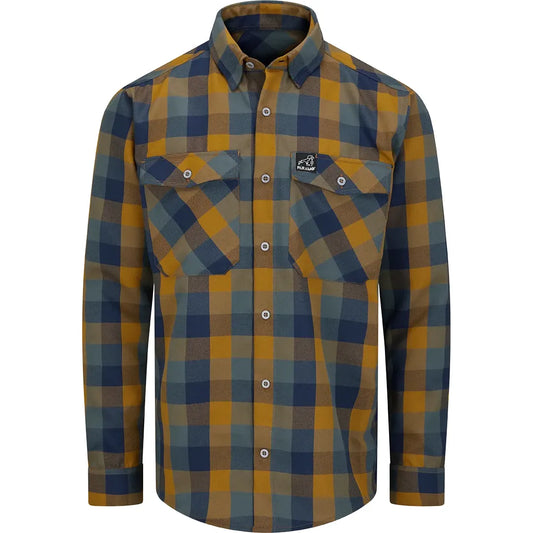 A men's long-sleeve button-up shirt with a blue and mustard yellow plaid pattern, featuring two chest pockets and a small black brand patch on the left chest.