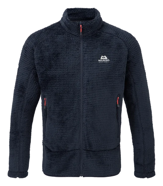 A dark navy blue textured fleece jacket with a full zip front, stand-up collar, and white Mountain Equipment logo on the left chest, shown against a plain white background.