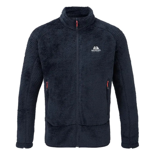 A dark navy blue textured fleece jacket with a full zip front, stand-up collar, and white Mountain Equipment logo on the left chest, shown against a plain white background.