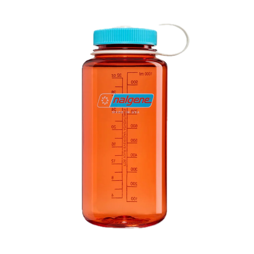 An orange translucent plastic water bottle with a bright blue cap and a white carrying loop, featuring the Nalgene brand logo and measurement markings on the front, isolated on a white background.