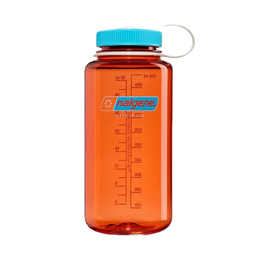 An orange translucent plastic water bottle with a bright blue cap and a white carrying loop, featuring the Nalgene brand logo and measurement markings on the front, isolated on a white background.