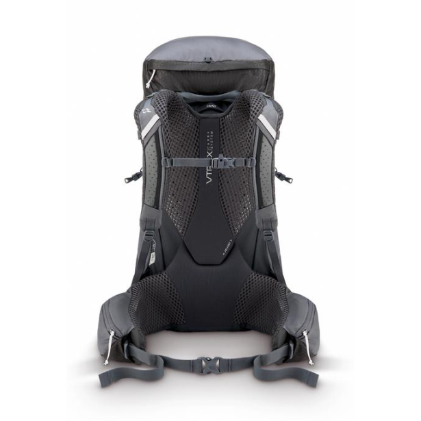 A dark gray and black Vulkland Trekking System Vulkite hiking backpack shown from the back, featuring a breathable mesh back panel, padded shoulder straps, and a top carry loop, set against a plain white background.