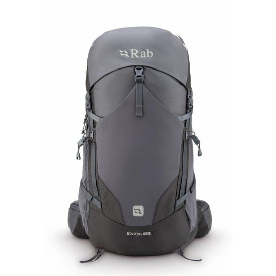 A gray Rab Exion 65 hiking backpack shown from the front on a white background.