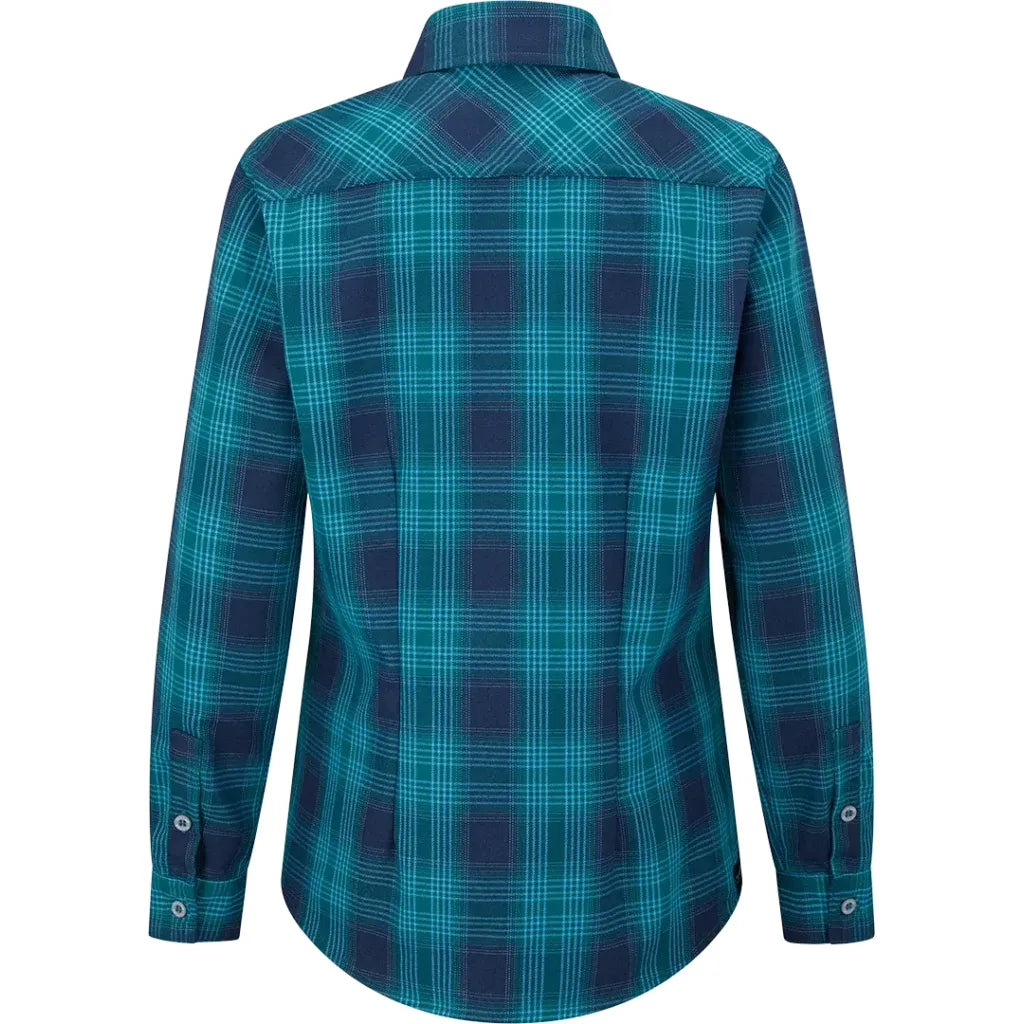 A long-sleeve plaid button-up shirt shown from the back, featuring a teal and navy blue checkered pattern