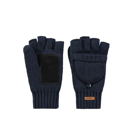 A pair of dark navy blue knit fingerless gloves shown flat against a white background. One glove shows a black textured patch on the back of the hand, and the other shows a front pocket with a button closure and a small brown brand label that reads 'BARTS'. Hakkon Bumgloves Navy