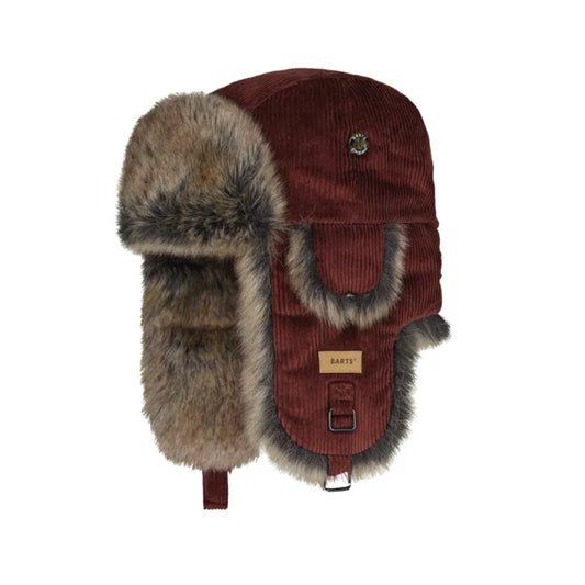 A Barts aviator-style winter hat in burgundy corduroy with brown and gray faux fur ear flaps and a matching fur trim around the front opening, shown on a plain white background. Barts Rib Bomber Rust