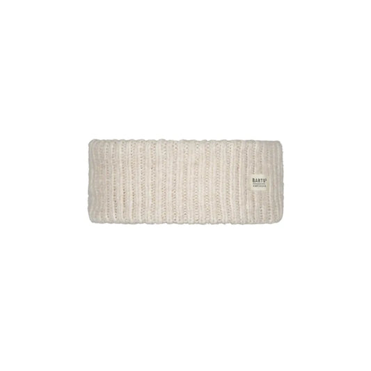 An off-white ribbed knit headband with a small square brand label on the right side, shown against a plain white background. Barts Zias Headband