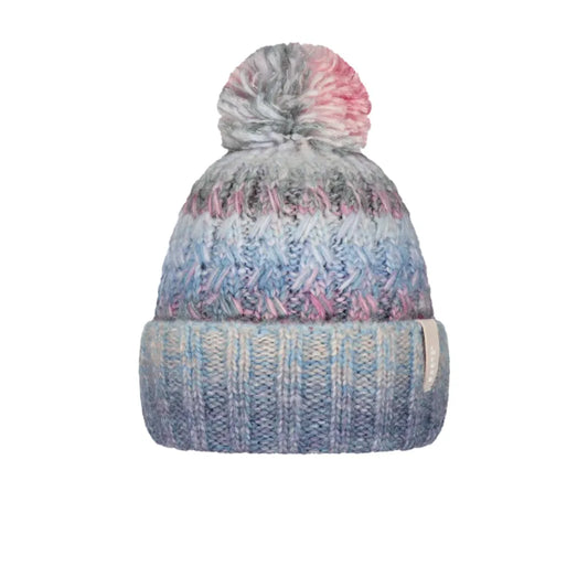 A marled knit pom-pom beanie hat featuring a gradient of blue, pink, and gray yarns, with a ribbed cuff and a fluffy pom-pom on top. Barts Catbird Beanie Blue