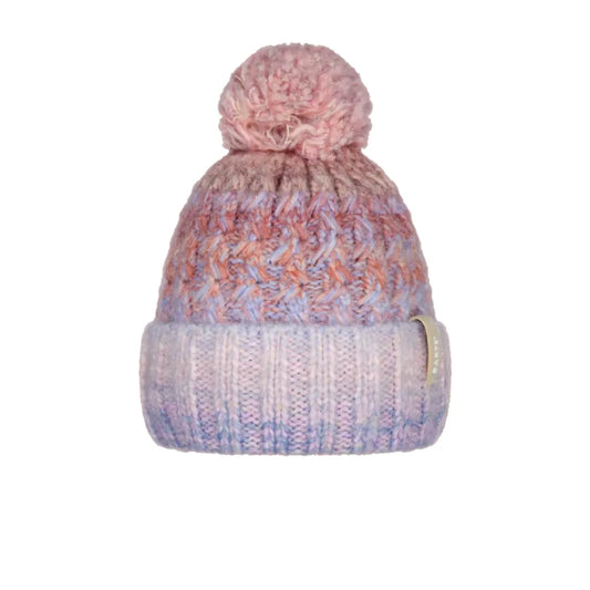 A knit pom-pom beanie hat featuring a marled pattern of pink, purple, and blue on the upper half, with a solid light lavender-pink ribbed cuff on the bottom half. A small gold tag is visible on the side of the cuff. Barts Catbird Beanie Lilac