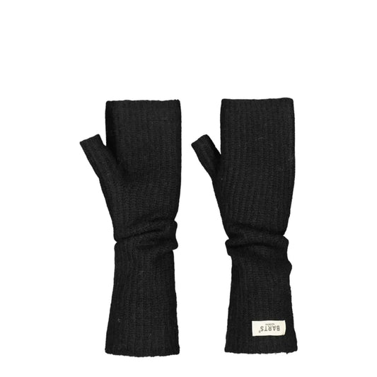 A pair of black ribbed knit fingerless gloves with a small beige brand label on one cuff, displayed flat against a solid white background. Barts Darty Fingerless Gloves 
