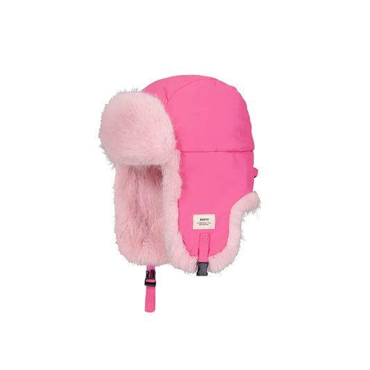 A bright pink winter trapper hat with fluffy light pink faux fur trim and ear flaps, shown on a plain white background. A small white brand label reading 'BARTS' is visible on the side.