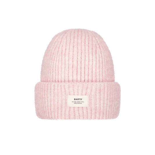A light pink ribbed knit beanie hat with a folded cuff and a small white rectangular brand label reading 'BARTS'. Owlet Beanie LIGHT PINK