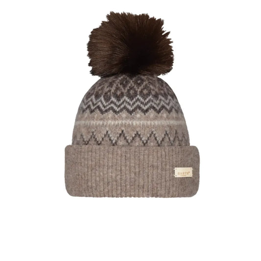 A knit beanie hat with a dark brown faux-fur pom-pom on top, featuring a gray and beige Fair Isle pattern on the upper half and a solid taupe-brown ribbed cuff on the bottom. A small beige brand tag on the cuff reads 'BARTS'.