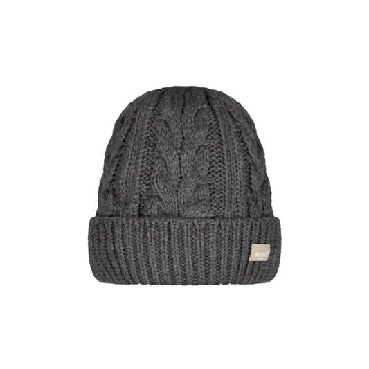 A dark gray cable-knit beanie with a ribbed cuff and a small beige brand tag on the side, shown against a plain white background. Barts Zirani Beanie Dark Heather