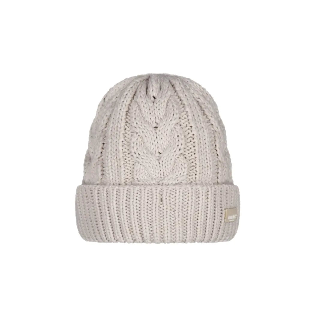 A light beige cable-knit beanie hat with a ribbed cuff, shown against a plain white background. Barts Zirani Beanie Oyster