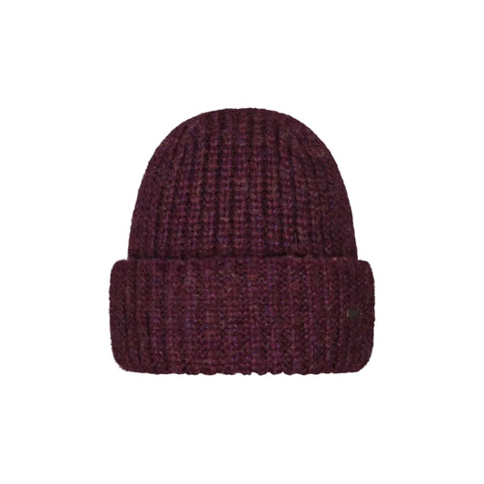 A dark plum purple ribbed knit beanie hat with a folded cuff, shown against a plain white background. Barts Arugama Beanie Aubergine
