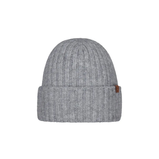 A light gray ribbed knit beanie hat with a small brown leather brand tab on the side, shown against a plain white background. Barts Wyoni Beanie Dark Heather