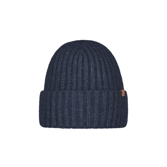 A dark navy blue ribbed knit beanie hat with a small brown leather brand tab on the side, shown against a plain white background. Barts Wyoni Beanie Navy