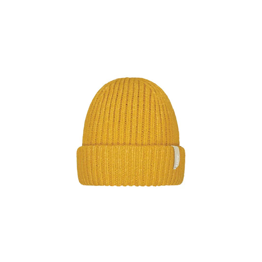 A mustard yellow ribbed knit beanie hat with a folded cuff and a small white fabric tag on the side, shown against a plain white background. Barts Chilah Beanie Yellow