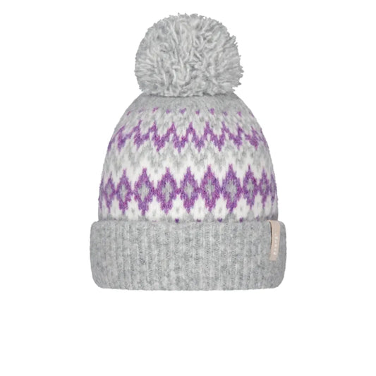 A gray knit pom-pom beanie hat featuring a purple and white geometric pattern on the upper section and a solid gray ribbed cuff. Barts Nakarah Beanie Heather grey