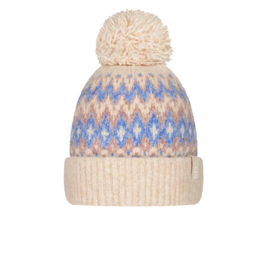 A knit pom-pom beanie hat featuring a cream-colored ribbed cuff and a cream pom-pom, with a blue and beige Fair Isle pattern on the upper half. Barts Nakarah Beanie Cream