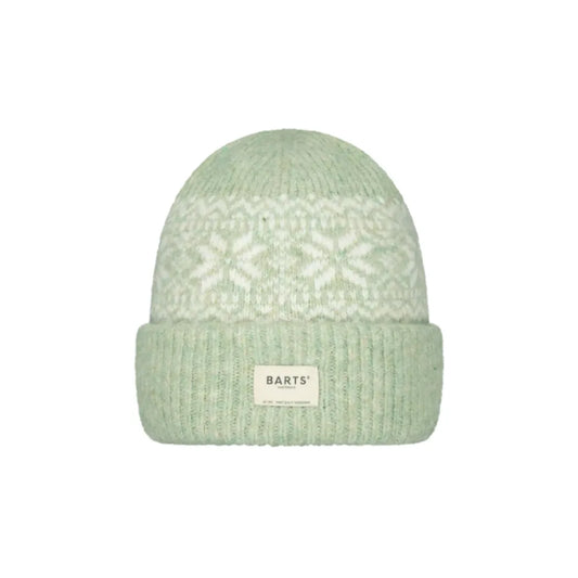 A light green knit beanie hat with a white snowflake pattern on the upper half and a folded cuff featuring a small white BARTS brand label. Negomba Beanie STONE