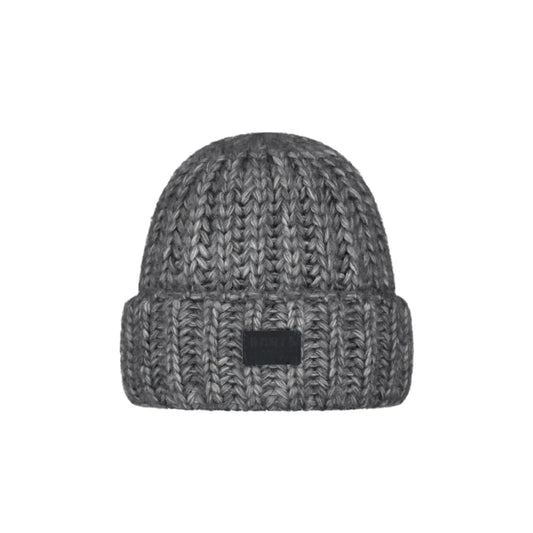 A gray marled knit beanie hat with a folded cuff and a small black rectangular patch on the front, shown against a plain white background. Barts Alpanemone Beanie Dark Heather
