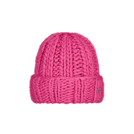 A bright pink chunky knit beanie hat with a folded cuff, shown against a plain white background. BARTS Edzella Beanie fuchsia