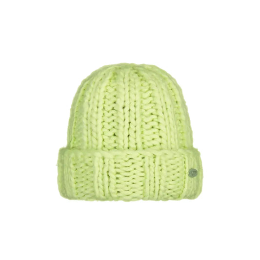 A light lime green chunky knit beanie hat with a folded cuff and a small metallic button on the side, shown against a plain white background.