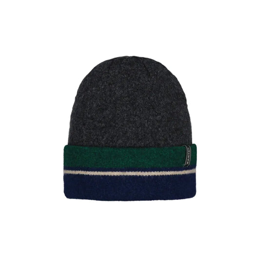 A dark charcoal gray knit beanie hat featuring a folded cuff with horizontal stripes in forest green, thin white, and navy blue. Barts Findley Beanie Dark Heather