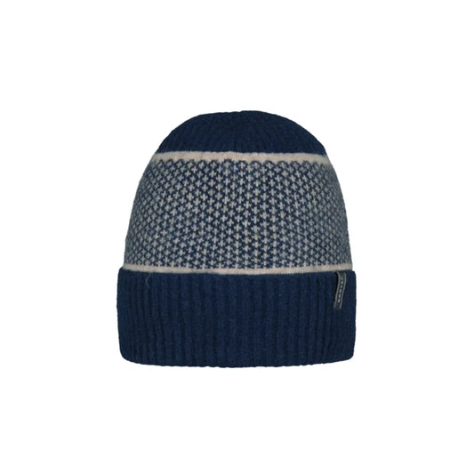 A navy blue knit beanie hat with a textured geometric pattern band in the middle and a ribbed cuff, shown against a plain white background. Barts Grindewald Beanie Navy