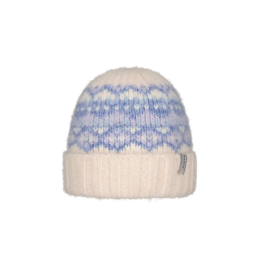 A knit beanie hat in cream with a blue and white Fair Isle pattern on the upper section and a ribbed cream cuff, shown against a plain white background. Barts Eimhir Beanie Blue