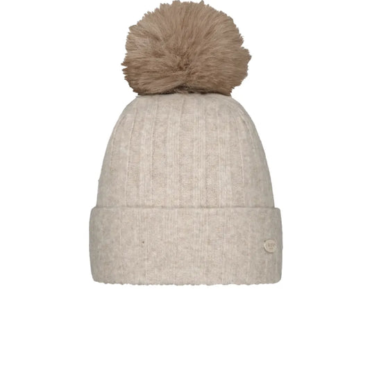 A light beige ribbed knit beanie hat with a matching beige faux fur pom-pom on top, shown against a plain white background. Barts Augustia Beanie beige