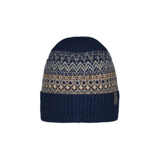 A navy blue knit beanie hat featuring a geometric Fair Isle pattern in cream and tan, with a solid navy ribbed cuff. Barts Laghlan Beanie Navy