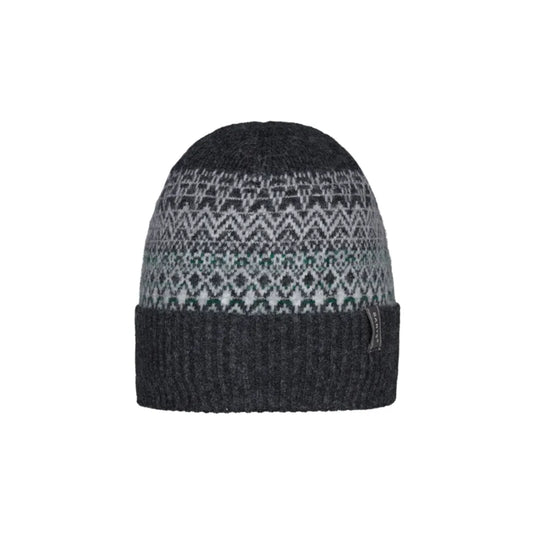 A dark gray knit beanie hat featuring a geometric fair isle pattern in white, light gray, and teal, with a solid dark gray ribbed cuff. Barts Laghlan Beanie Dark Heather