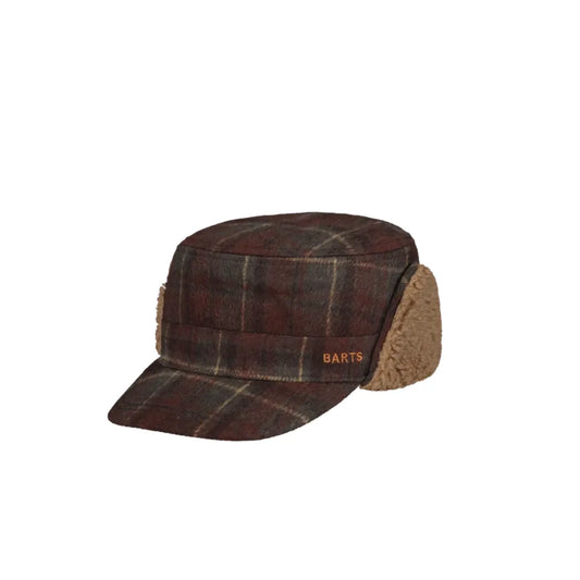 A Barts winter cap in dark brown and black plaid fabric with tan fleece ear flaps and a matching plaid band, shown on a plain white background. Barts Rodey Cap Brown