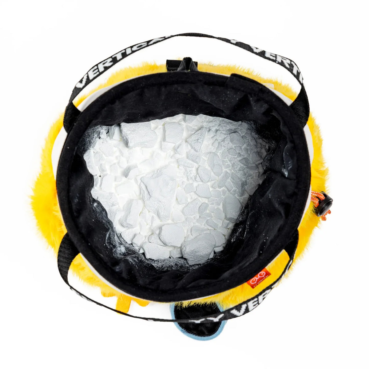 Yellow and black bucket with ice cubes on a white background