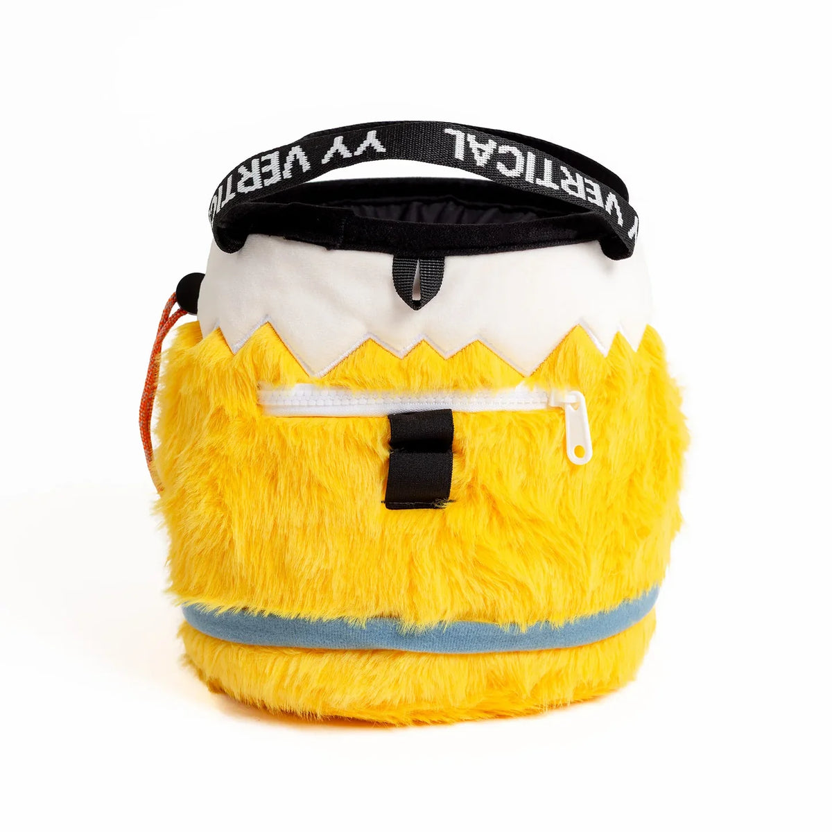 A yellow faux-fur bucket-style bag with a white top section, a black handle printed with 'VERTICAL YY VERTICAL', a white zipper pocket, and a light blue stripe near the bottom, shown on a white background.