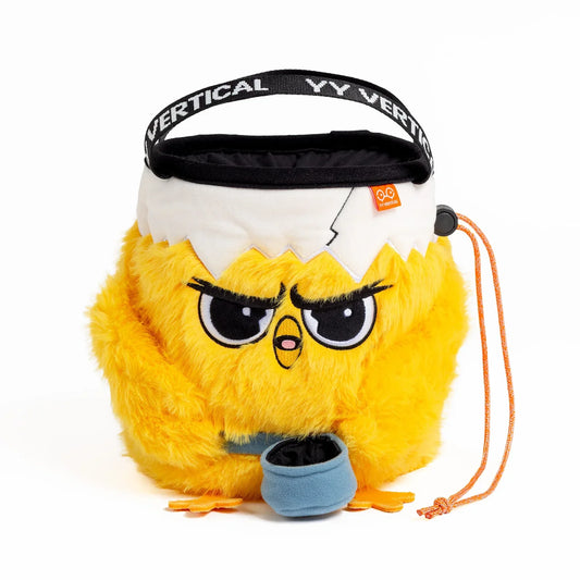 Yellow fluffy character with a climbing chalk bag on a white background