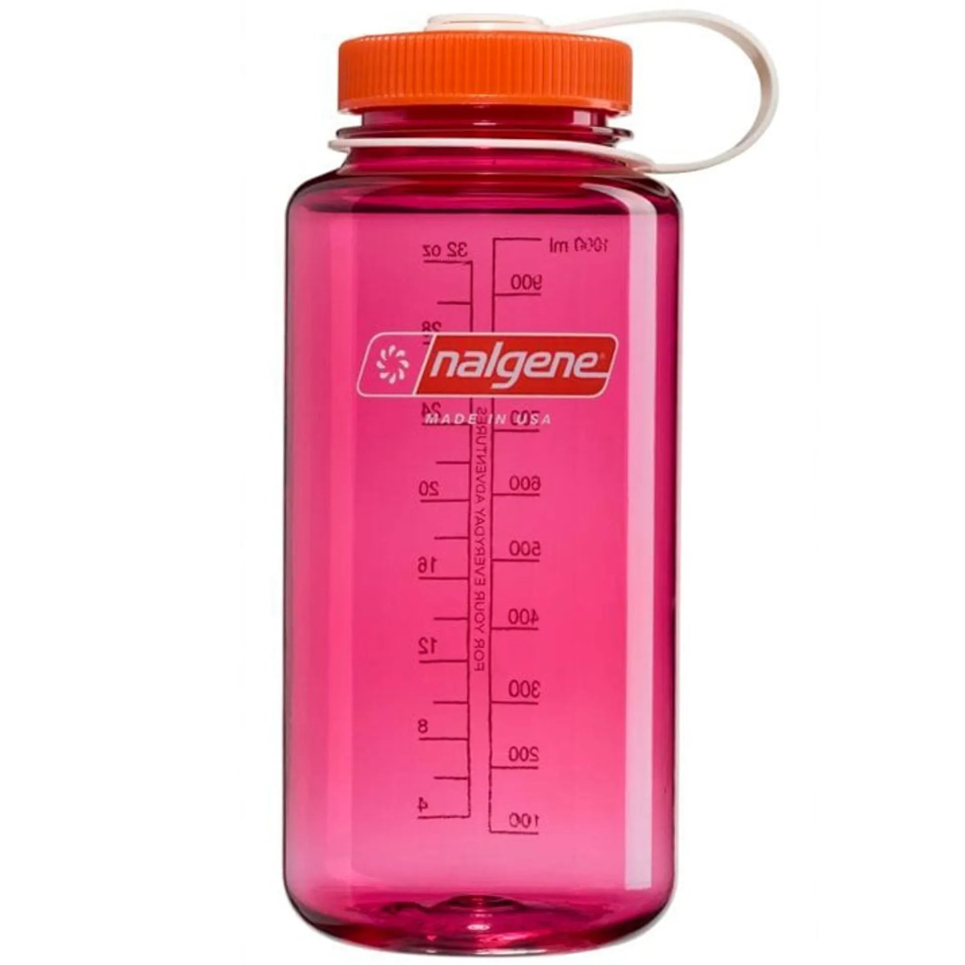 A translucent pink Nalgene water bottle with an orange screw cap and white carry loop, shown on a plain white background.
