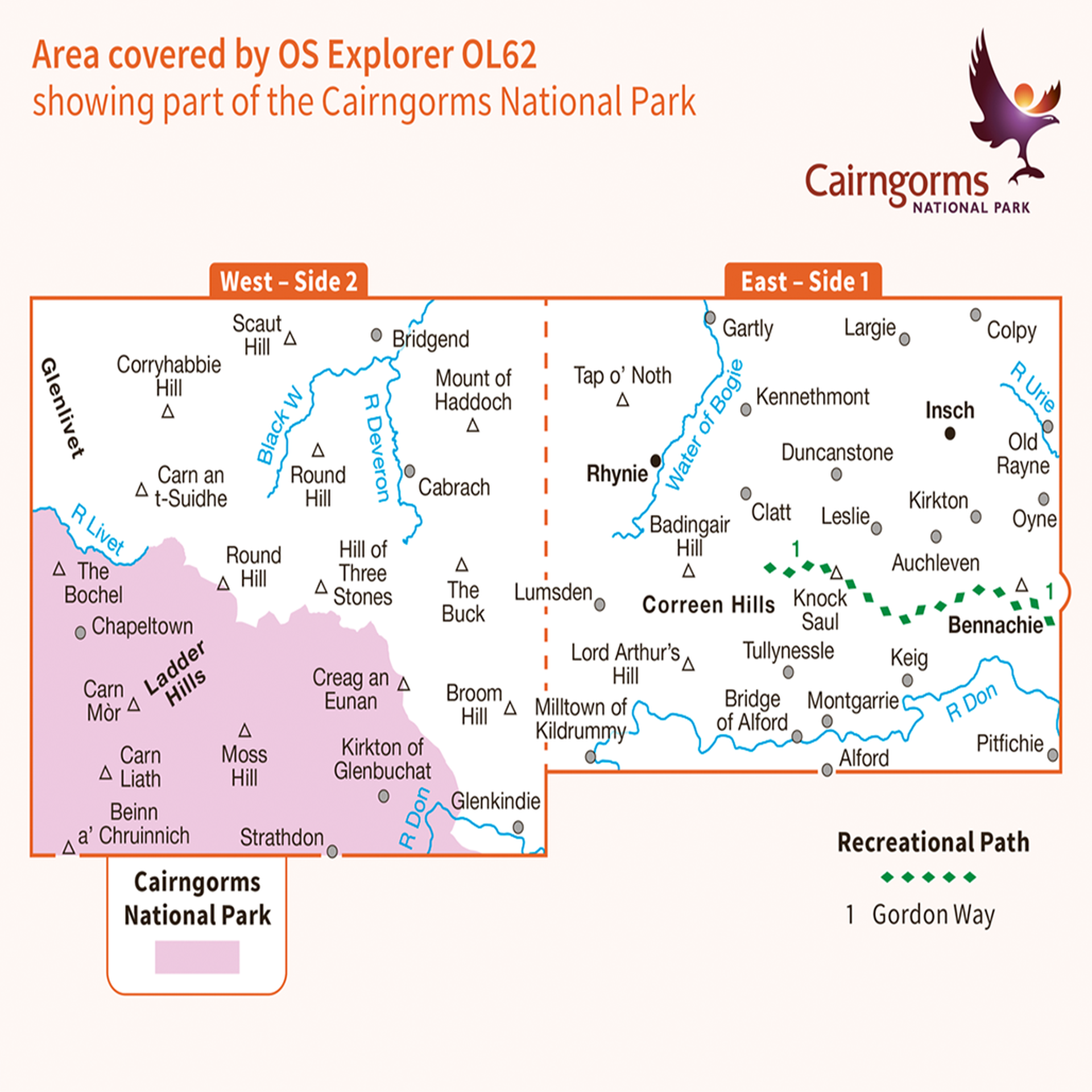 Ordnance Survey OL 62 Correen Hills & Glenlivet, Bennachie & Ladder Hills Insch & Rhynie Explorer 1:25k